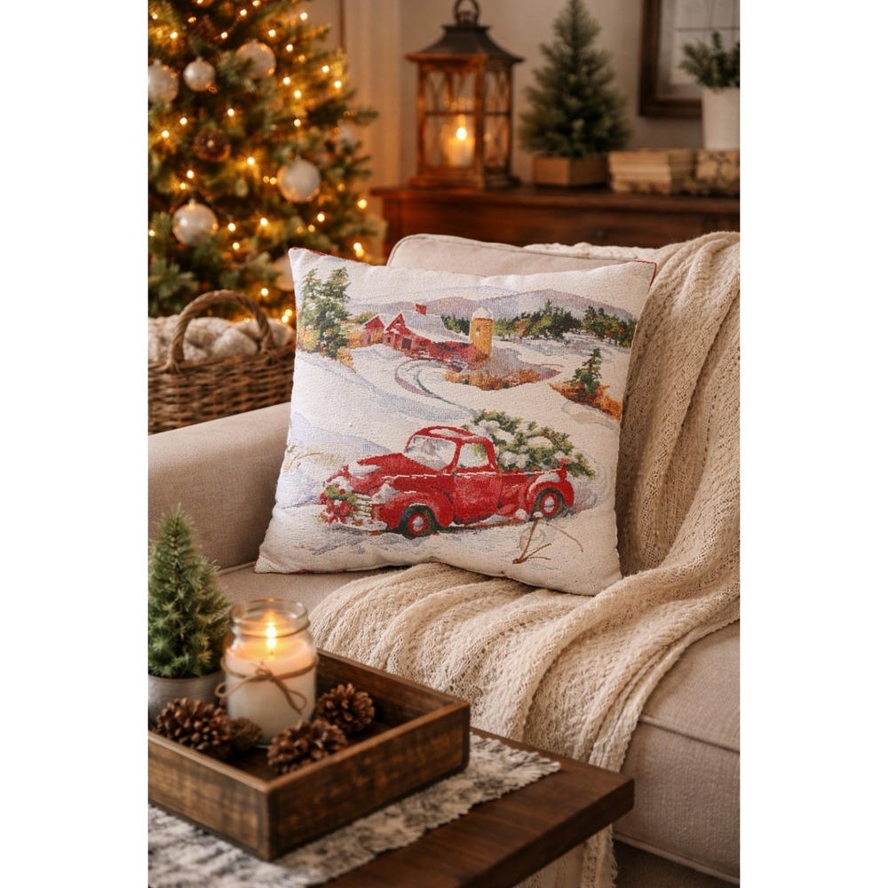 Christmas Pillow Tapestry‎ Red Pickup Truck Snow Farmhouse Winter Cottage 15x15